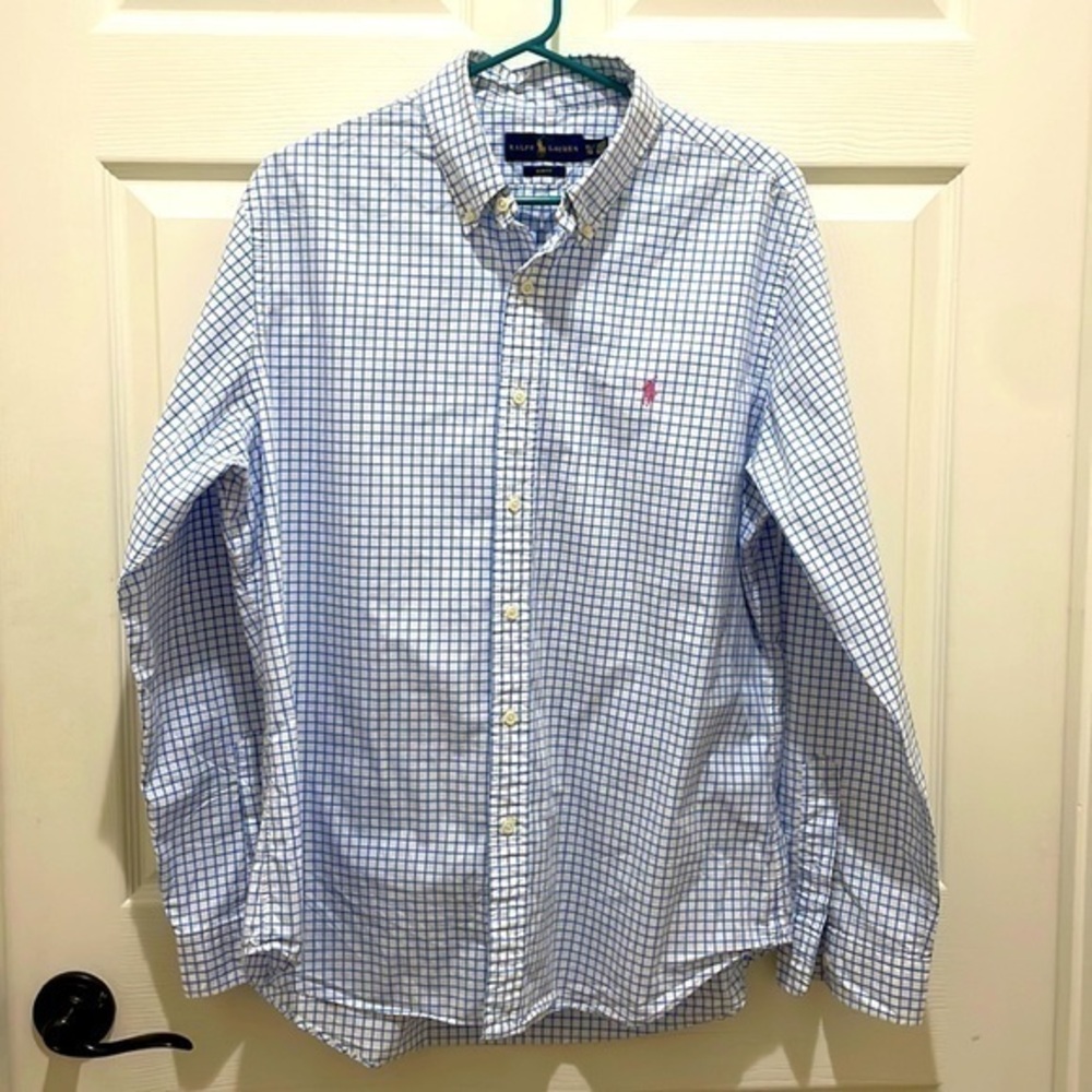 Ralph Lauren Blue & White Checkered Slim Fit Long Sleeve Button Down Shirt